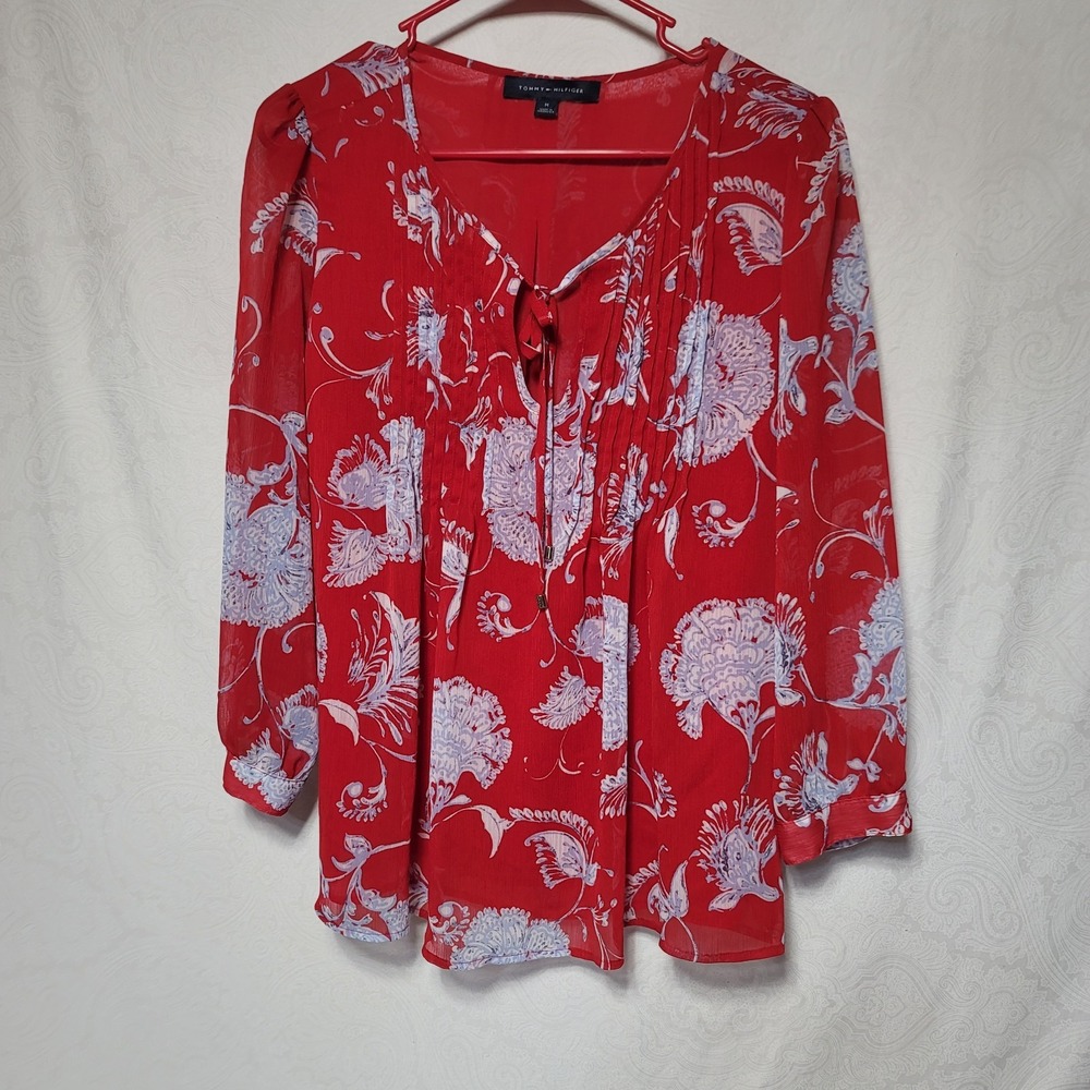 Tommy Hilfiger Womens Red Floral Tie Neck Pintuck Blouse Size M Feminine Career